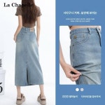 라샤벨 별무늬 곰돌이 데님 스커트 여 하이웨스트 트임 미디 날씬한 가랑이 a라인 랩 스커트