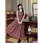 아메리칸 핫걸 빈티지 허리를 잡아주어 날씬해 보이는 체크 나시 원피스 선기로 멜빵 롱 원피스 여ins