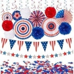 4일4일 애국장식세트 레드화이트 블루페이퍼팬USA 플래그 페넌트 스타 스트리머 폼폼스 행잉 스 29PCS