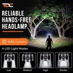 TDC 헤드램프 LED 충전식 초밝음 - USB-C 이마용 헤드라이트 1080루멘 하드햇 캠핑 사냥 작업용 10시간 배터리 Space