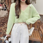 애니율 여성 봄 가을 브이넥 니트 숏 가디건 그린 ONE SIZE G6588