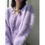 하트단 나시 골지 니트 스트라이프 긴팔 레트로 앙고라 V넥 기본 브이넥 연보라가디건 자주색