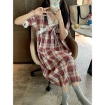 하리네 2024 여름 빈티지 브이넥 체크 레이스 플레어 반팔 잠옷 홈웨어 원피스녀