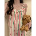 하리네 2024 여름 라운드넥 풀오버 프릴 미디엄 별 스트라이프 민소매 슬립 홈웨어