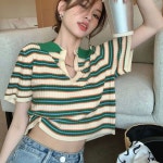 여자 캐주얼 스트라이프 카라 크롭 스타일 니트 반팔