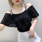 자칠 여름 오프숄더 큐빅 라틴댄스복 슬림 레이스 반팔티 M 234블랙
