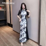 세미 치파오 원피스 여 허리 조임 슬림핏 트임 슬림 롱 스커트 망사 시스루 야근룩