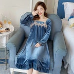 해피유통 여성 레이스 브이넥 실내복 잠옷 원피스 M 40-50kg 8893블루