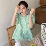 그린 리본 워머 셔츠 여성 고급스러운 작은 키 퍼프 라운드 상의 여름 쉬폰 플라워 블라우스 녹색