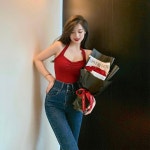 지9차이나 트렌디 홀터 브이 넥 나시 탑 티셔츠 M