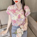 셔츠 여름 반팔 플라워 쉬폰 쁘띠 블라우스 2024년 여성복 시크 스타일리쉬 탑