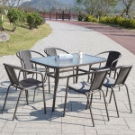 행사의자 카페 메쉬 라탄 팔걸이 야외 테라스 실외 120 물결무늬 직사각테이블 스태킹체어 6개