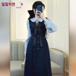 세븐일레븐 2024 가을겨울 기질 슬림핏 스트라이프 긴팔 셔츠 패치 가식 투피스 롱 원피스