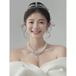 웨딩 티아라 세련된 신부 오드리햅번 헤어 장식 목걸이 귀걸이 3종 세트 왕관 목걸이 귀걸이