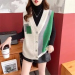 besteffie 여성 가을 겨울신상 니트 조끼 배색 디자인 언발런스 패치워크 브이넥 무소매 조끼 K39 그린
