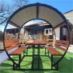 원두막 6인용 야외 테이블 벤치 파고라 둥근지붕 정자 그늘막의자 동글이 원형 원목 벤치 테이블