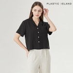 플라스틱아일랜드 매장정품 플라스틱아일랜드 베이직 오픈 카라 포켓 반팔 블라우스 PQTWB030