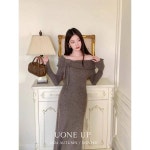 유원 프렌치 스위트 일자넥 니트 원피스 여성 우아한 슬림 플라워 오프숄더 롱 원피스