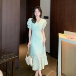 오피스원피스 결혼식 하객룩 브이넥 머메이드 셔링 하이웨스트 여름 날씬해보이는 원피스 02 녹색 01 S