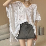 그물니트 브이넥 언발기장 포인트룩 바캉스룩 골지 티 여름 반팔 여성 꽈배기 가디건 라운드 여자