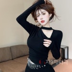 지9차이나 원 숄더 사이드 브이 트임 슬림핏 홀터 넥 티셔츠