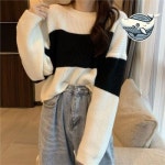 크롭기장 배색 너프 니트 티셔츠 데일리