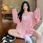 해피유통 여성 여름 얇은 하프기장 후드 점퍼 자외선 긴팔 셔츠 jhwj L 8882핑크색