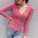 더블제이플러스 여성 긴팔 티셔츠 슬림핏 루즈핏 레이스 시스루 J0708