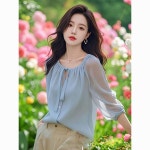 패션고리 여성 라운드 리본 셔링 시스루 블라우스 H1116