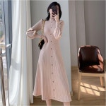 옷자락 옷자락 여성 퍼프 볼륨 세로줄 하이넥 A라인 니트 롱 원피스