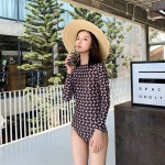 UNKNOWN 긴팔 래쉬가드 수영복 초승달 땡땡이 원피스 래시가드 B 커피 칼라 문 L 권장 체중 48-55kg