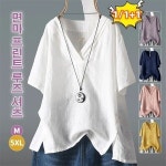 YanYue 여름 면마 프린트 루즈 셔츠 린넨복 풍성한 베이직 반팔 V넥 오버사이즈 상의 한다 G0220