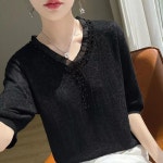 씨유언니 여성 브이넥 반팔 니트티 루즈핏 얇은 여름 니트 진주장식 니트 데일리룩