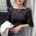 왈츠 레이스망사반팔 댄스복상의 망사 레이스 라인 댄스 플라워 S 라인댄스복상의 반팔티 S