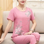 여름 할머니 반팔 플라워 세트 비비드 잠옷 린넨 홈웨 그린