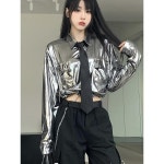 KPOP 재즈 댄스 자수 셔츠 여성 상의 긴팔 타이트한 실루엣 셔츠 스트리트 댄스 공연복