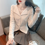 씨유언니 여성 퍼프 긴팔 블라우스 슬림핏 숏기장 긴팔 셔츠 언발 프렌치식 상의 파스텔옐로우 L