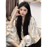 실크 잠옷 여성 가을 겨울 긴소매 2024년 한식 감각 프린트 흰토끼 카툰 홈웨어