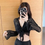네트 셔츠 여성 여름 라떼 스타일 랩 슬리브 투명 슬림 디자인 감각적인 상의