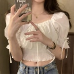 오프숄더 퍼프 스트링 크롭 블라우스 오피스블라우스