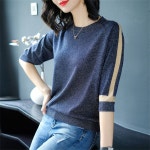 besteffie 여성 라운드넥 봄 가을 심플 스타일 반소매 배색 포인트 니트 기품있는 어머니옷 간절기 K69 02사진색