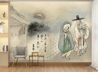 동양화 벽지 22o052 신윤복 월하정인 리터칭 전통 한국화 인테리어 3폭 제작도
