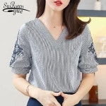 스트라이프 V 칼라 여자 반팔 상의 상의 블라우스 자수 블라우스 셔츠 0513 60 여름