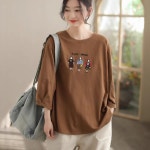 여성용 프린트티 봄 뉴 라운드 캐주얼 캐릭터 자수 면 슬림화이트 빈티지 9부 티셔츠 CH1