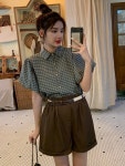 퍼프 블라우스 체크 카라 버튼 출근룩 데일리 캐주얼 봄 여름 반팔 벌룬 체크 블라우스 S