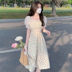 besteffie 여성용 봄 여름 프린트 플라워 쉬폰 소매 원피스 공주풍 하이웨스트 스퀘어넥 미디원피스 K71 사진색