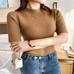 여자 5컬러 하프넥 슬림 5부 반팔 골지티 니트티셔츠