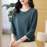 해피유통 여성용 봄 시즌 니트 티셔츠 라운드넥 7부 소매 엄마옷 스트라이프 패턴z 푸른 색