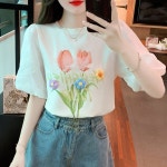 해피유통 여성 입체 꽃 순면 반팔 티 벌룬 소매 상의 jhwj 흰색 8831