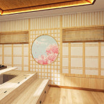 Customized products 3D 골동품 일본 모조 나무 문 벽화 후지 사쿠라 스시 레스토랑 다다미 배경 벽 침실 벽지